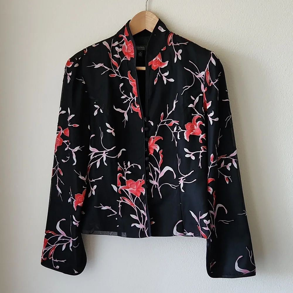 Dress barn black floral jacket Sz 6/8 Asian Inspired Office Business Core